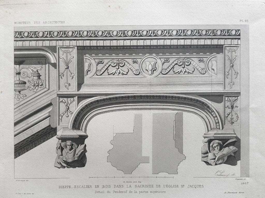 Antieke staalgravure - houten trap - kerk van Dieppe, Verzenden, Architectuur, Gravure, 40 cm