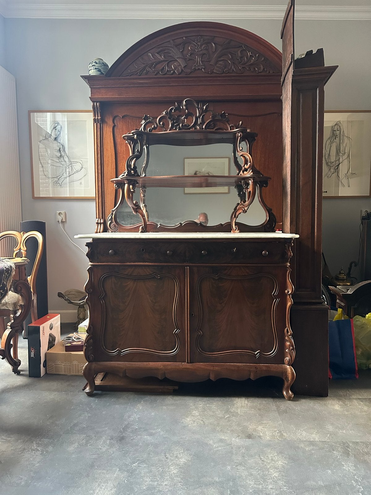 Antiek dressoir met spiegel en marmeren blad, Ophalen of Verzenden