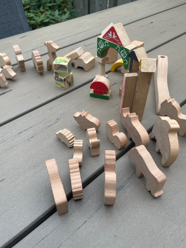 Houten ongelakt speelgoed, Vintage 1970’s – 44 stuks, Kinderen en Baby's, Ophalen of Verzenden, Gebruikt