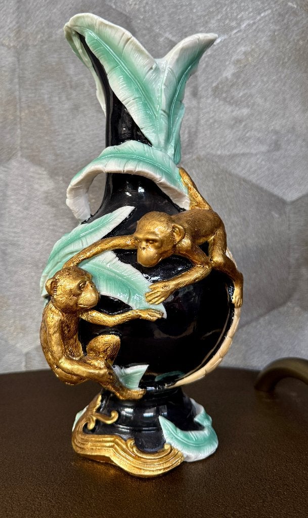 Vaas met apen en bananenblad - Goud Zwart Turquoise, Ophalen of Verzenden, Nieuw, Goud
