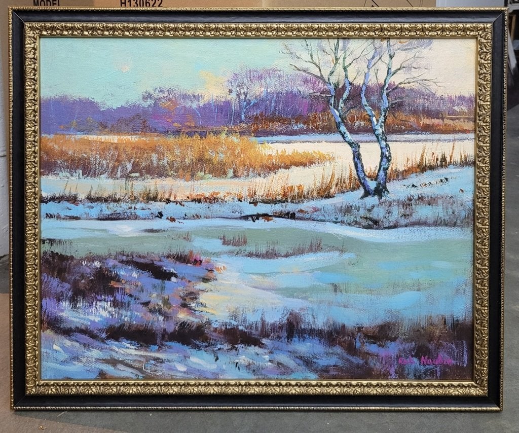 Robert HAUBEN, Winterzon op De Maten, Doek, Ophalen of Verzenden, Landschap, Olieverf