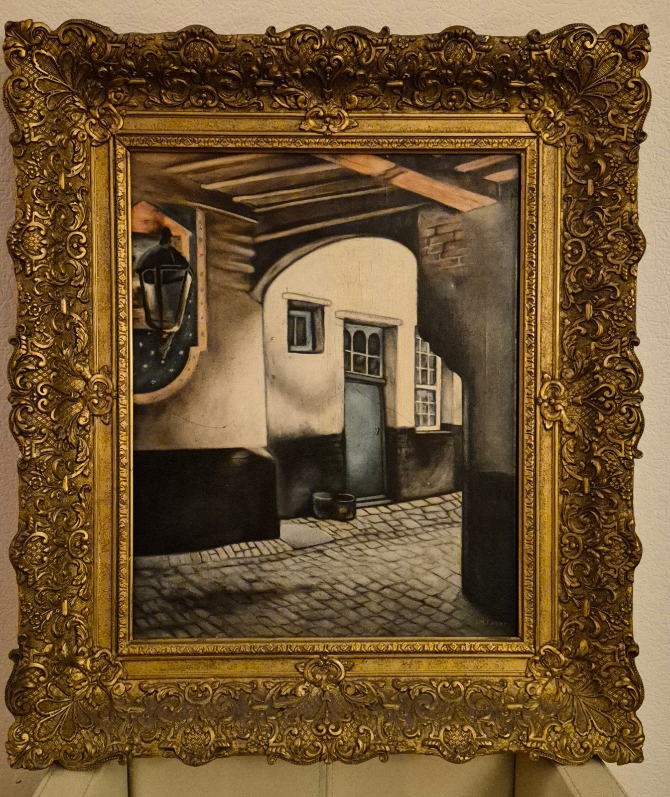 Sfeervol schilderij van J.M. Faber: Steegje met lantaarn, Antiek en Kunst, Ophalen