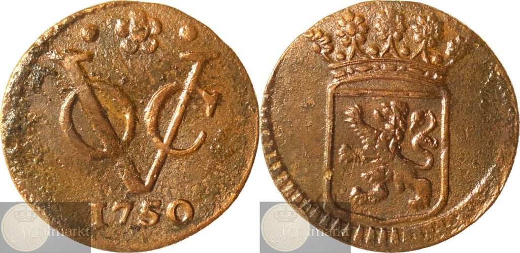 V.O.C. - Holland - ½ Duit 1750 'Dordrecht', Ophalen of Verzenden, Vóór koninkrijk, Overige waardes, Losse munt