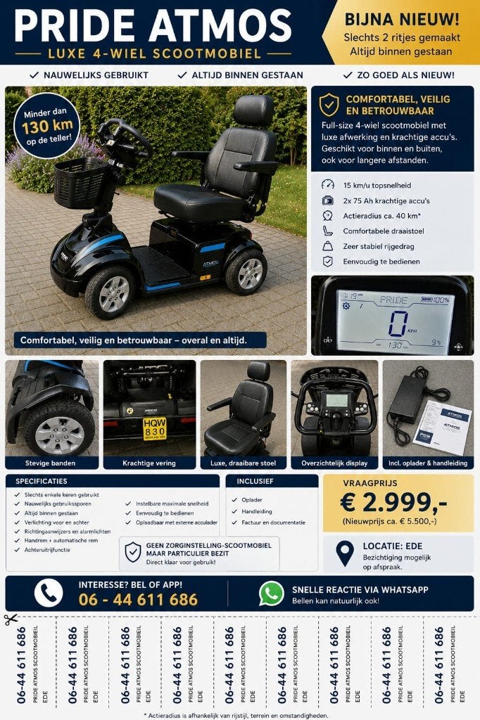 Pride Atmos scootmobiel (garantie) - full size model, Ophalen, Zo goed als nieuw, Elektrische rolstoel