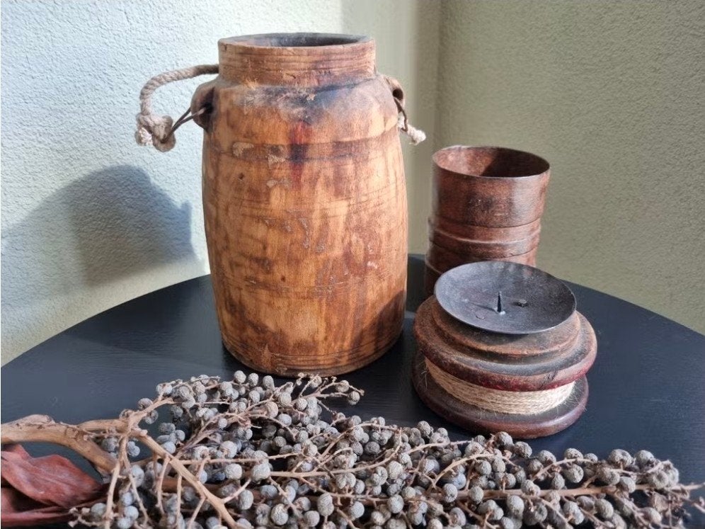 Houten decoratieve kruik vaas, Huis en Inrichting, Ophalen of Verzenden, Gebruikt, Bruin, Hout