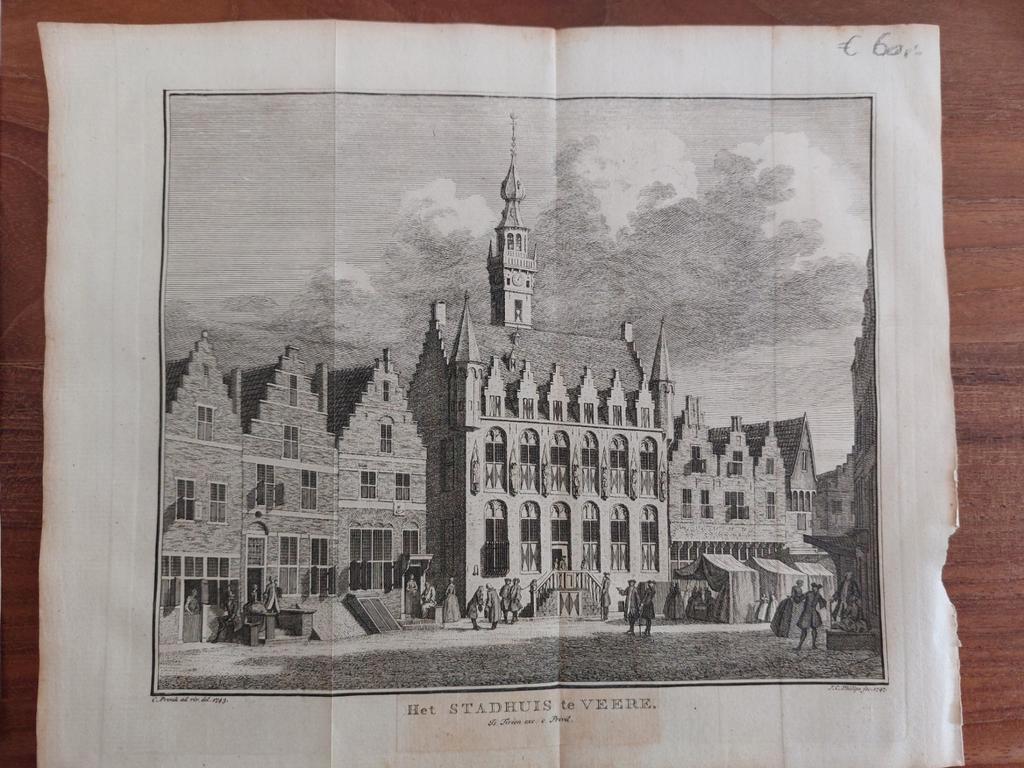 2 / Het Stadhuis van Veere Originele - gravure uit 1747, Ophalen of Verzenden