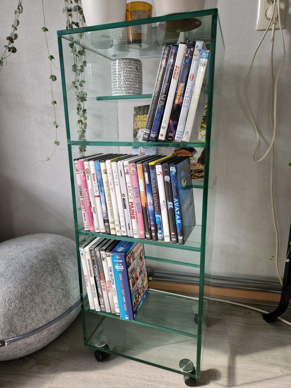 Glazen CD/DVD-rek op wieltjes, Ophalen, Gebruikt, 75 tot 150 discs, Glas