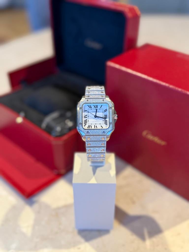 Cartier Santos medium factory diamonds, Staal, Gebruikt, Polshorloge, Ophalen