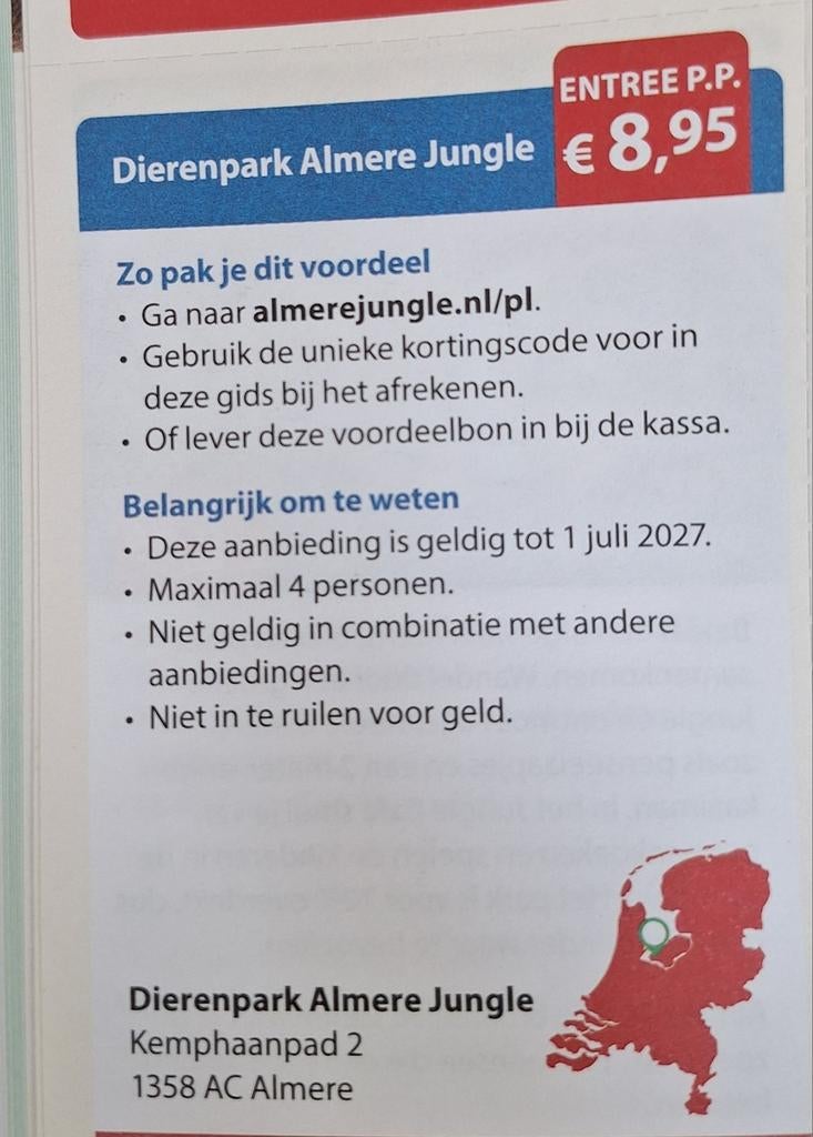 Dierenpark Almere Jungle 8.95 entree pp, Drie personen of meer, Kortingskaart