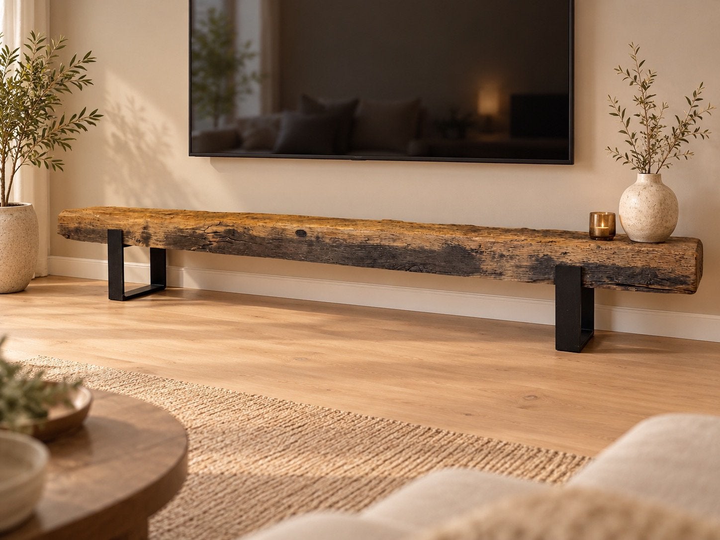 Houten balk, eiken tv meubel, Ophalen, Eikenhout, Zo goed als nieuw, 200 cm of meer
