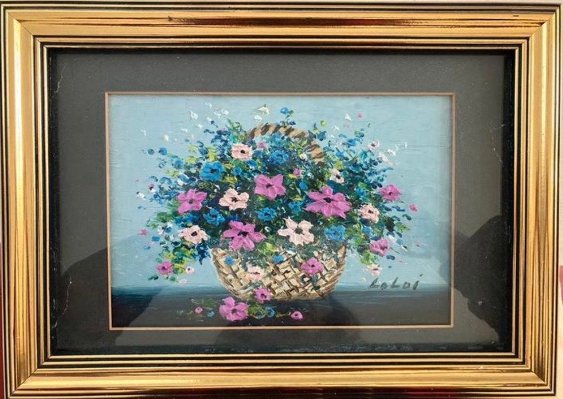 Schilderij bloemenmandje, olieverf, gesigneerd, Bloemen, Paneel, Realistisch, Ophalen of Verzenden