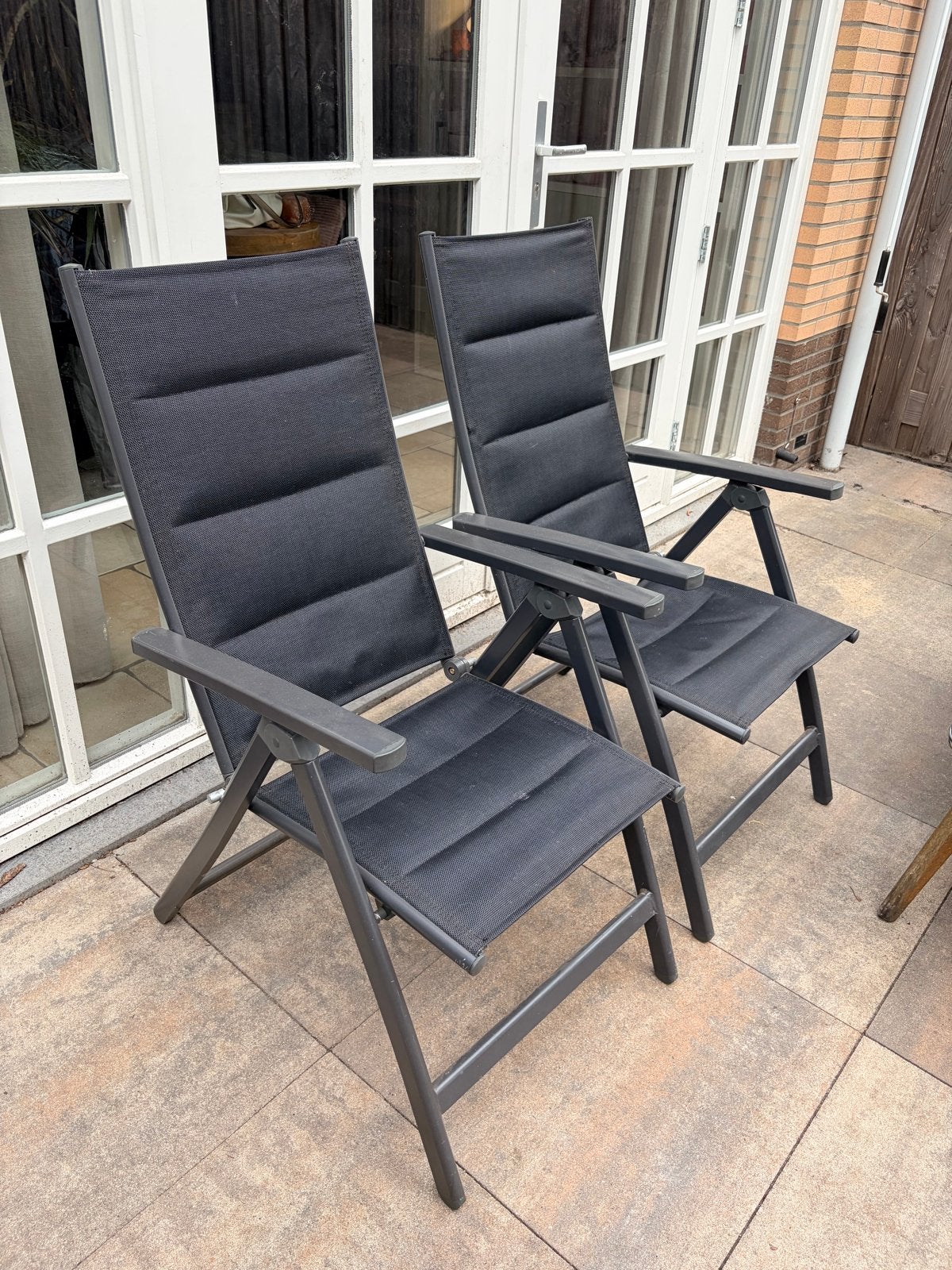 Verstelbare Zwarte Tuinstoelen - Opklapbaar 2 stuks, Ophalen, Gebruikt, Textileen, Inklapbaar