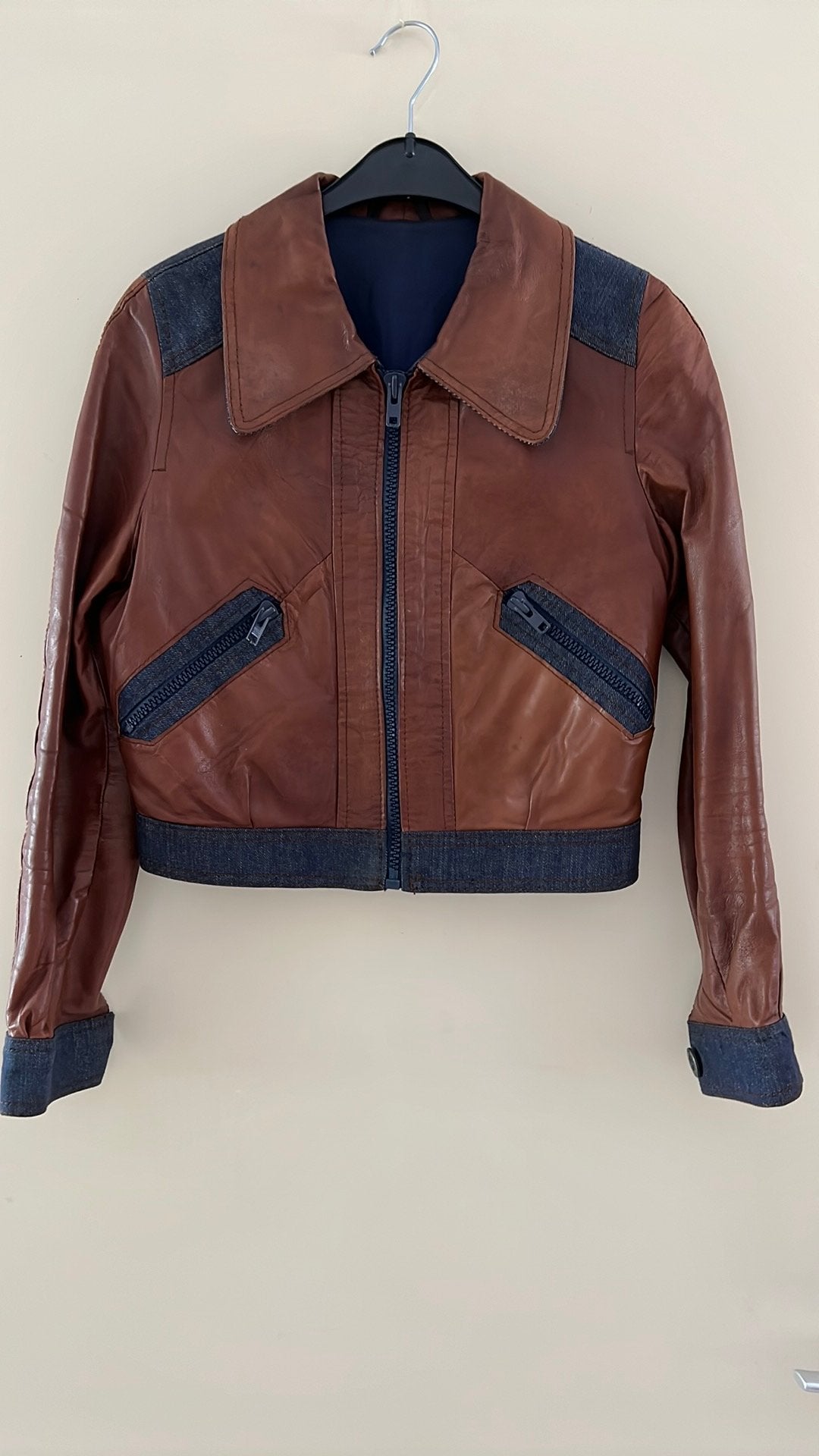 Leren jasje in combinatie met spijkerstof maat 38, Ophalen, Zo goed als nieuw, Maat 38/40 (M), Bruin