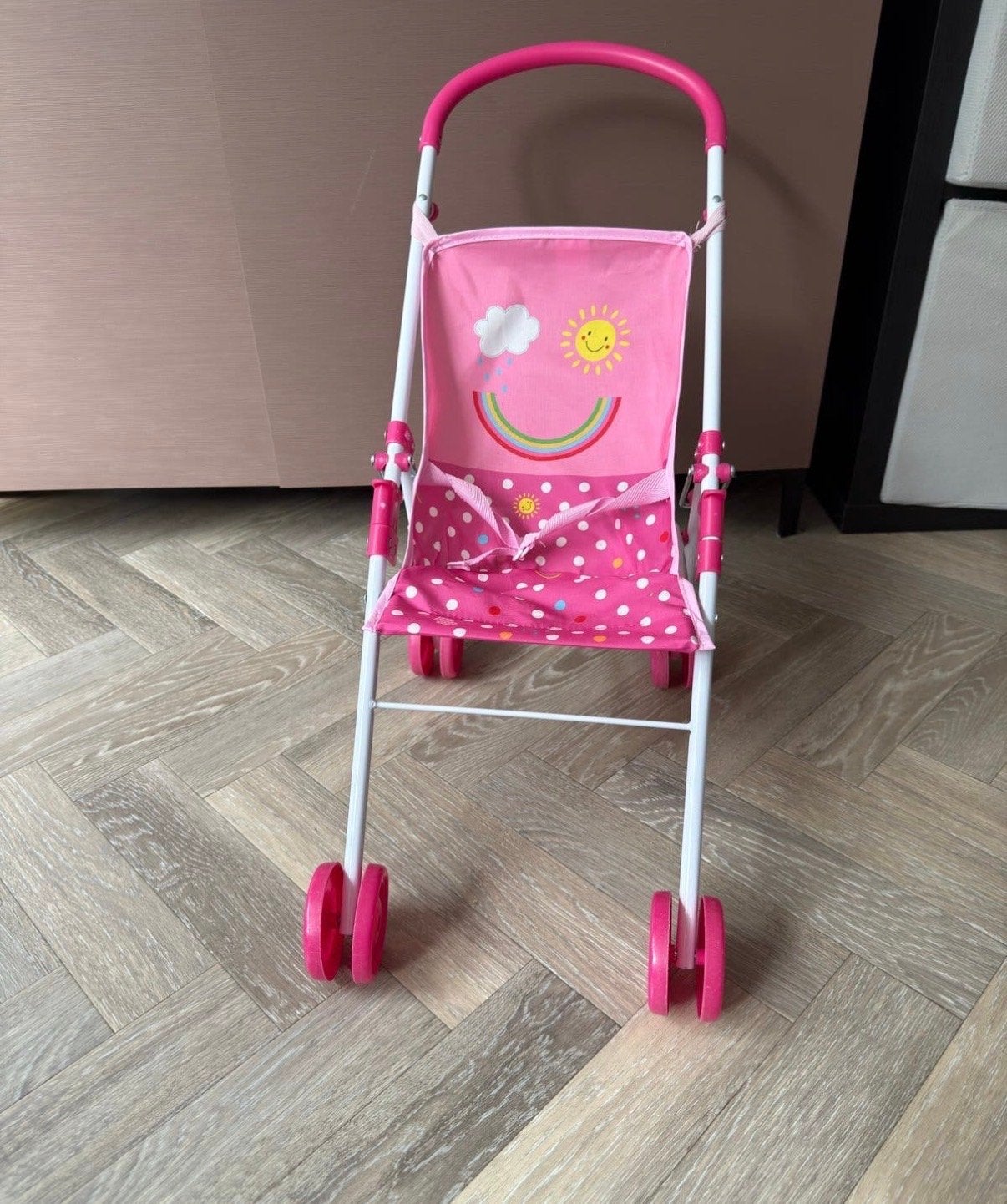 Roze poppenwagen met stippen en zon/regenboog print, Ophalen, Gebruikt, Babypop
