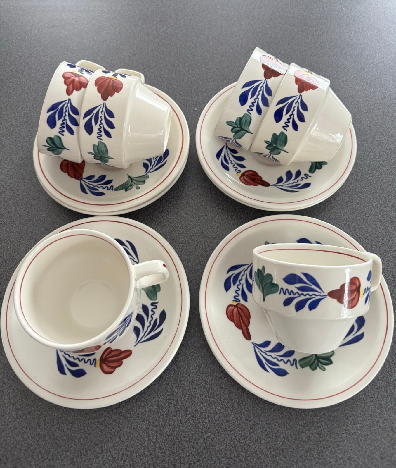 Set van 6 boerenbont koffiekopjes met schotels, Ophalen, Zo goed als nieuw, Overige stijlen, Kop(pen) en/of Schotel(s)