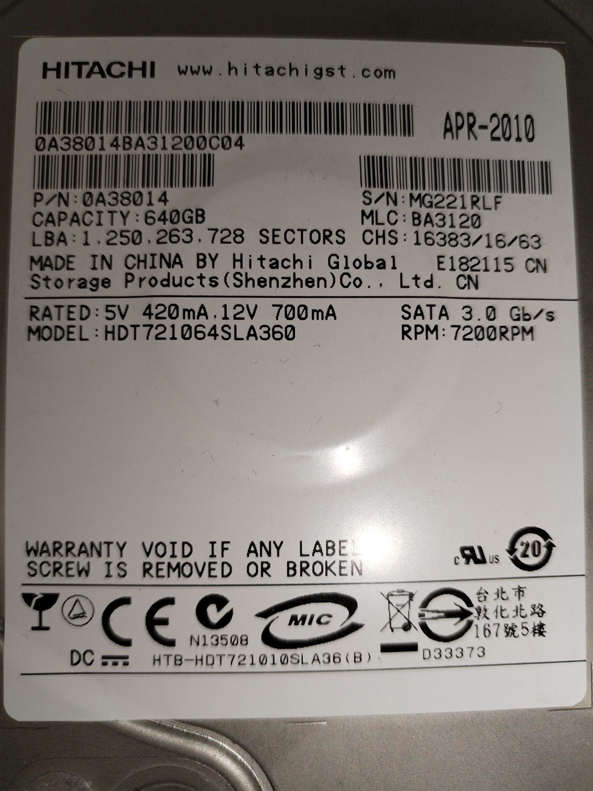 Hitachi 640GB HDD SATA 3.0 Gb/s 7200RPM - Intern, Intern, Gebruikt, 640GB, Ophalen of Verzenden