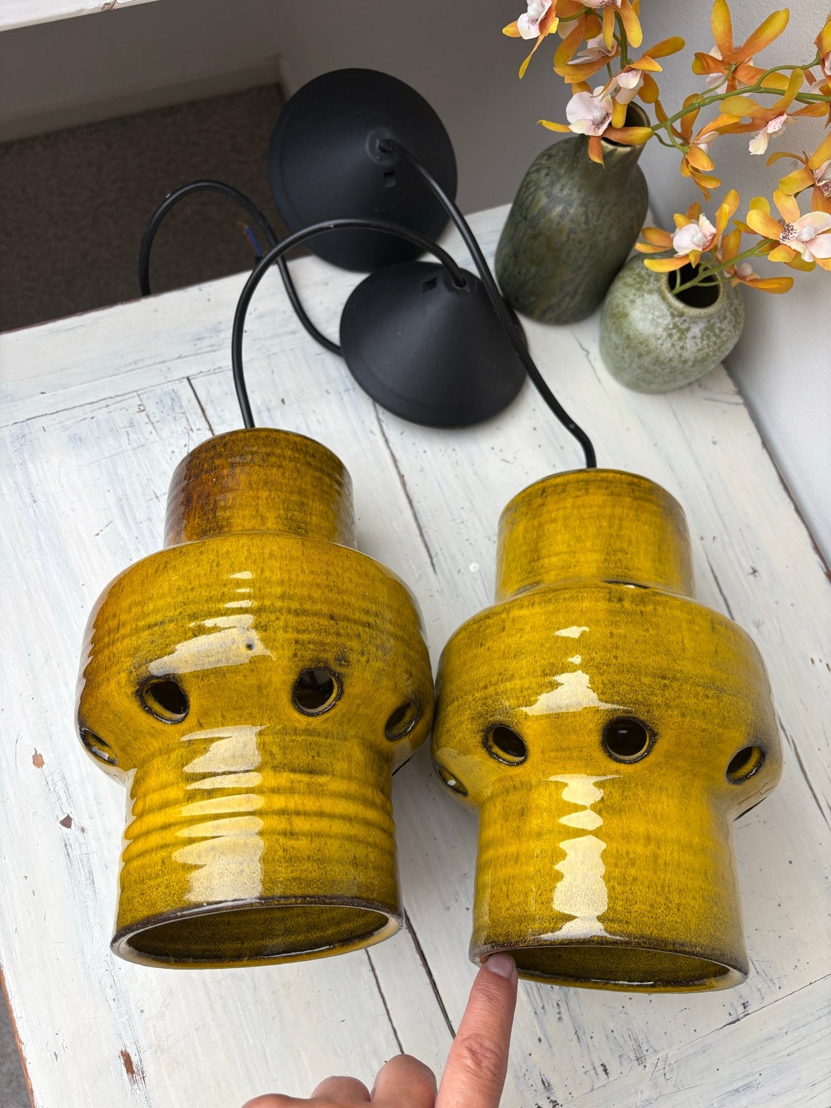 Vintage keramische hanglampen - set van 2, Gebruikt, Keramiek, Midcentury, E27 (groot)