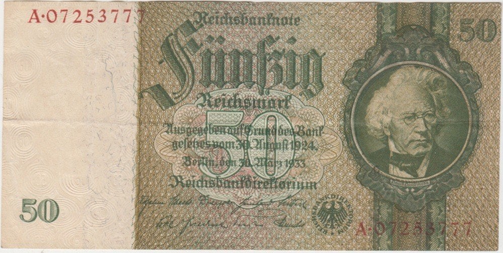 Duitsland bankbiljet 50 Reichsmark Hansemann 30.3.1933 1945, Postzegels en Munten, Verzenden, Duitsland, Los biljet