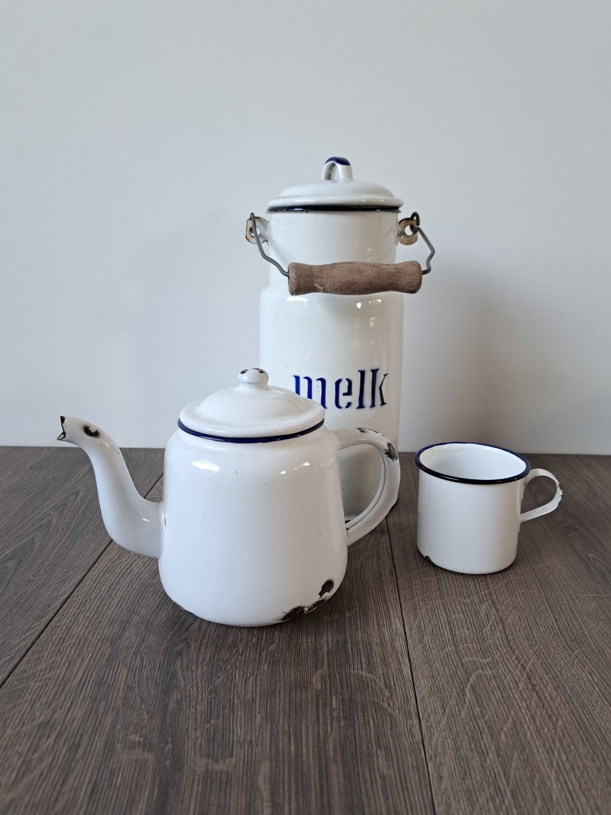 Vintage wit emaille melkbus koffiepot mok prijs per stuk, Ophalen of Verzenden