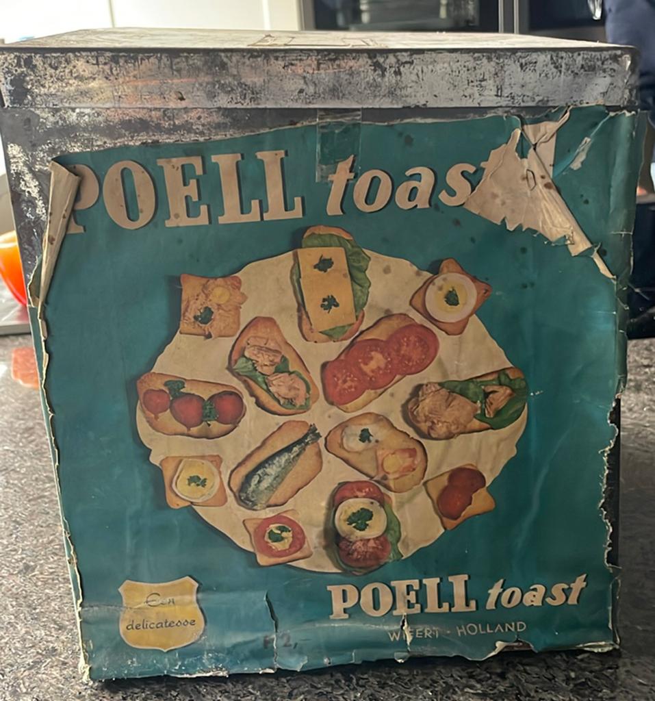 Poell toast oude blikken voorraad doos vintage, Verzamelen, Ophalen of Verzenden, Gebruikt, Overige, Overige merken