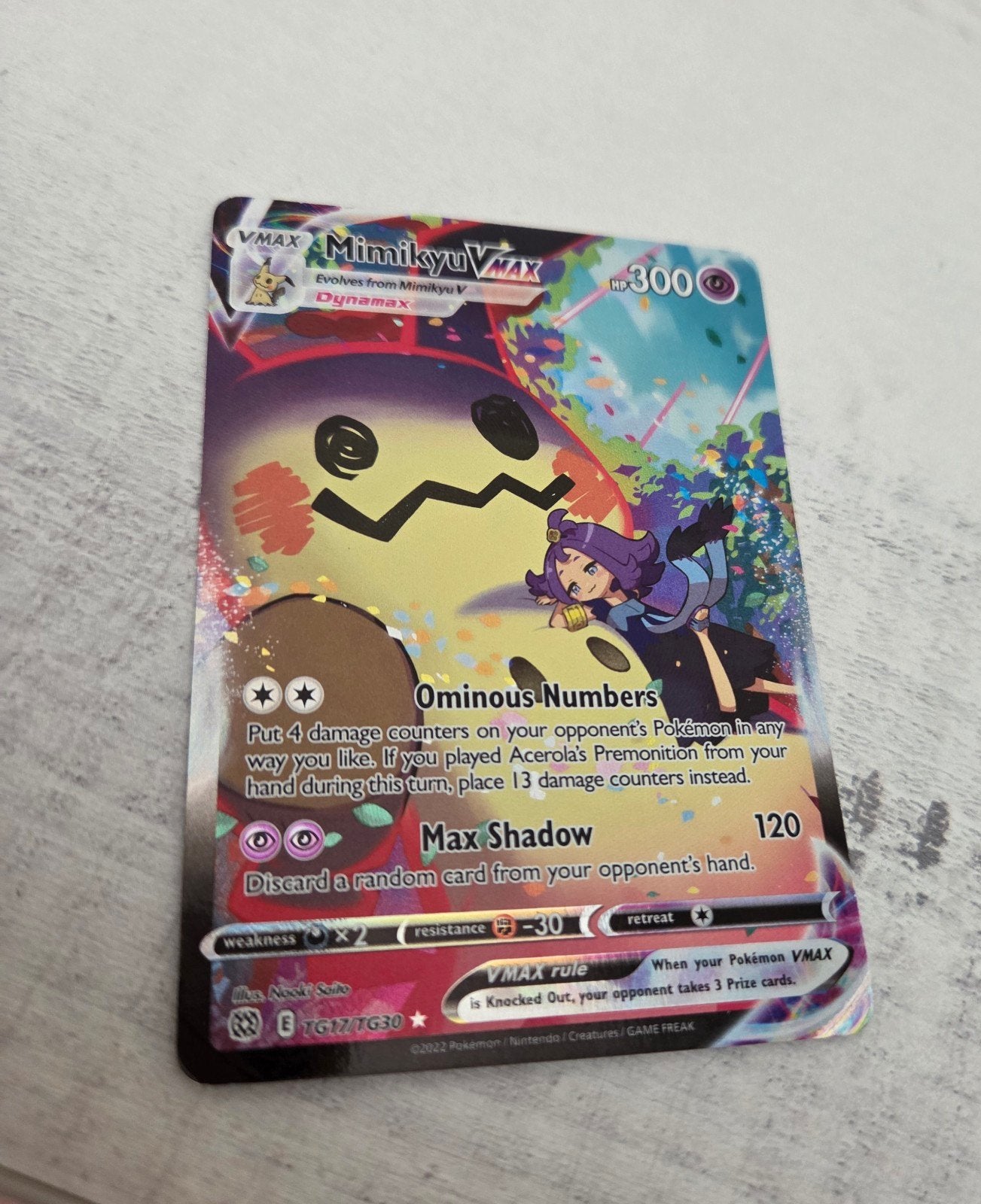 Pokemonkaart Mimikyu VMAX TG17/TG30, Ophalen of Verzenden, Gebruikt, Losse kaart