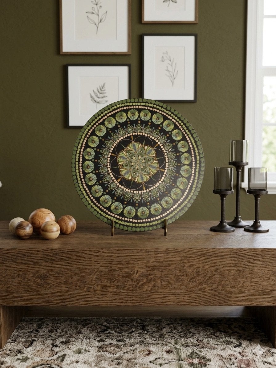 Unieke Groene Mandala Schilderij 40cm - Geometrie & Goud⁠, Huis en Inrichting, Minder dan 50 cm, Nieuw, Ophalen of Verzenden, Schilderij