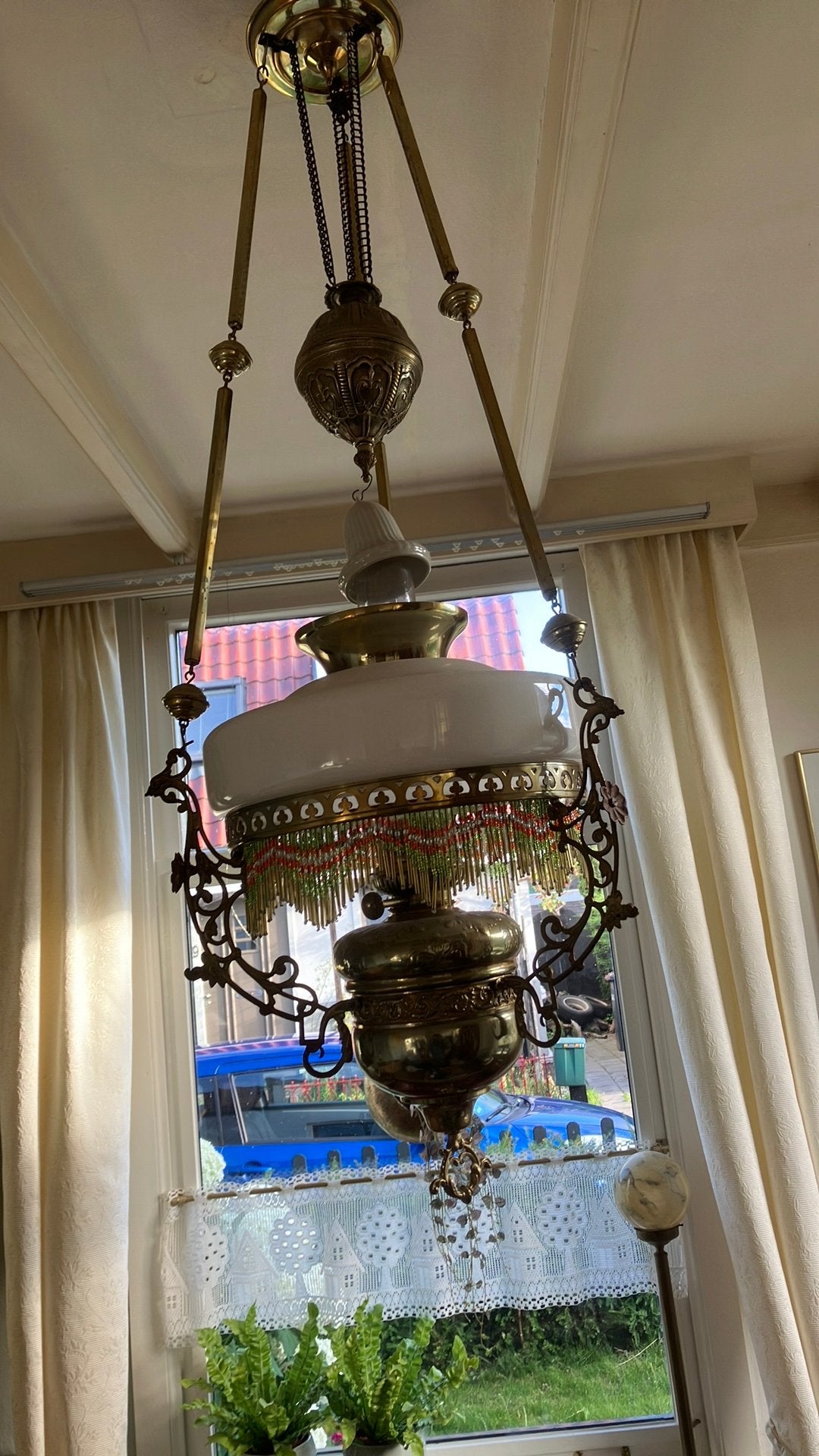 Antieke fraaie koperenSierlamp met kralen rand, Antiek en Kunst, Ophalen