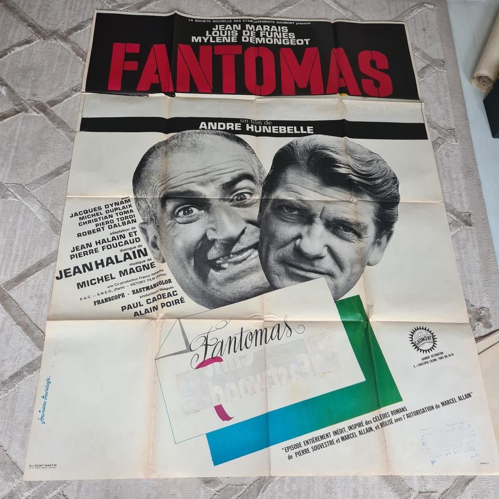 Vintage Fantomas Filmposter - Jean Marais Louis de Funès, Deurposter of groter, Ophalen of Verzenden, Film en Tv, Rechthoekig Staand