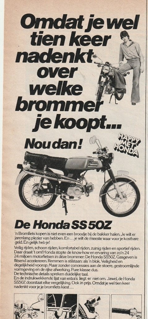 Retro reclame 1978 Honda brommer SS50Z 10 keer nadenken, Verzenden, Overige typen