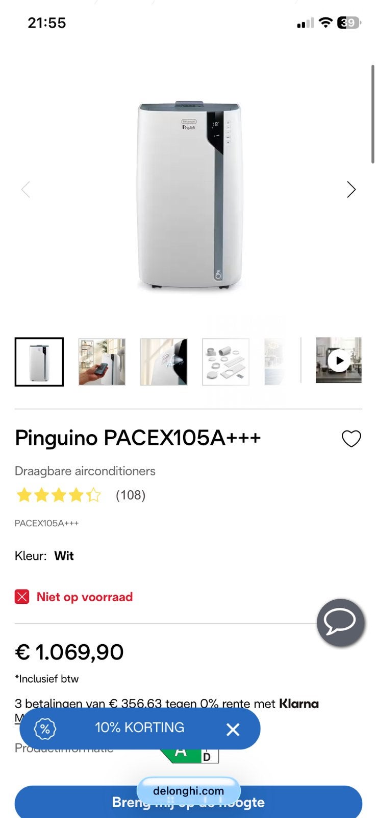 De longhi PACEX105 A+++  STILSTE Mobiele Airco Garantie-2032, Timer, 3 snelheden of meer, Ophalen of Verzenden, Zo goed als nieuw
