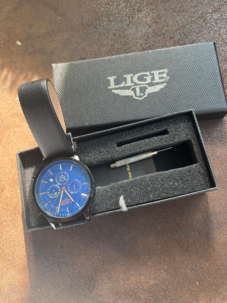 LIGE Herenhorloge met blauwe wijzerplaat en leren band, Sieraden, Tassen en Uiterlijk, Horloges | Heren, Overige merken, Leer