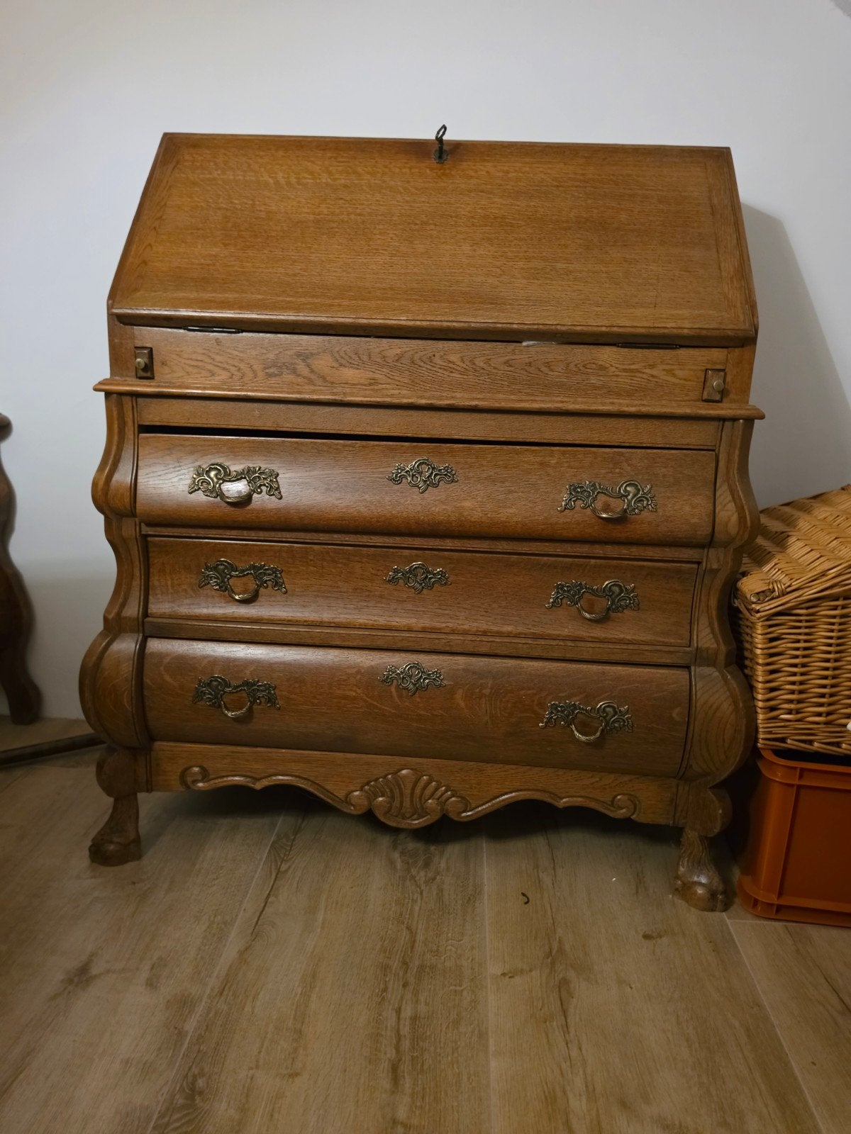 Antieke Klep Secretaire - Eikenhout met Stof Inleg, Ophalen