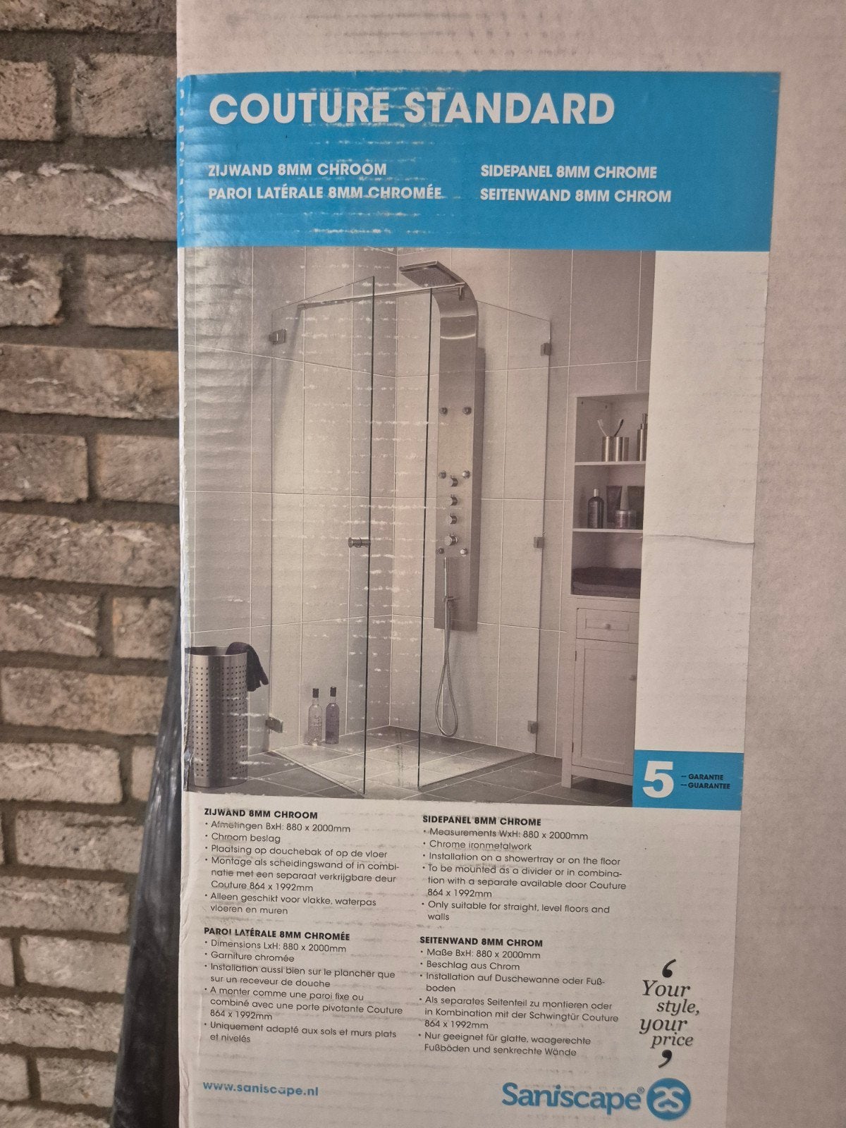 Saniscape Couture Standard Zijwand 8mm Chroom, Ophalen of Verzenden