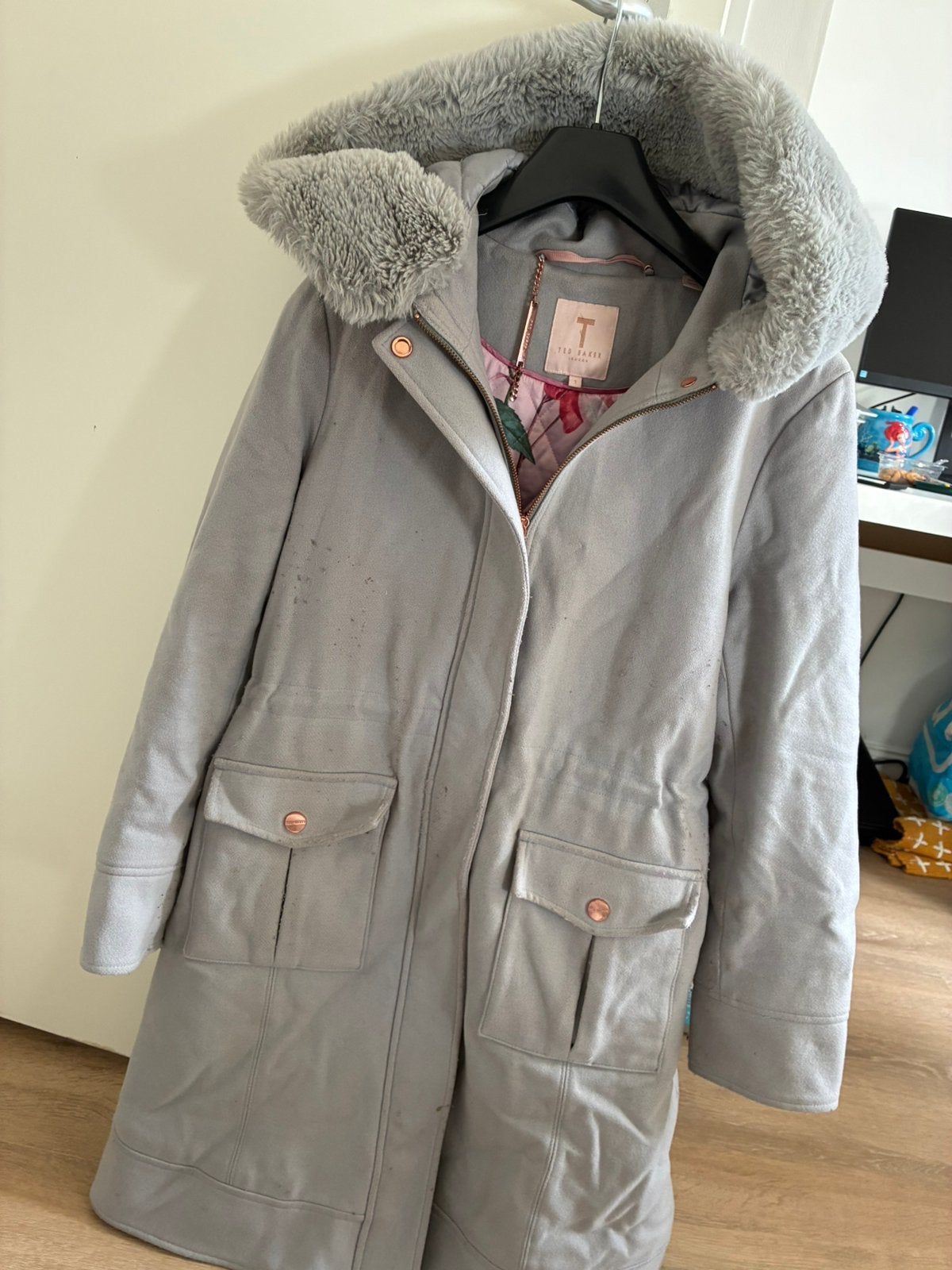 Ted Baker mantel, Kleding | Dames, Ophalen of Verzenden, Gedragen, Maat 38/40 (M), Grijs