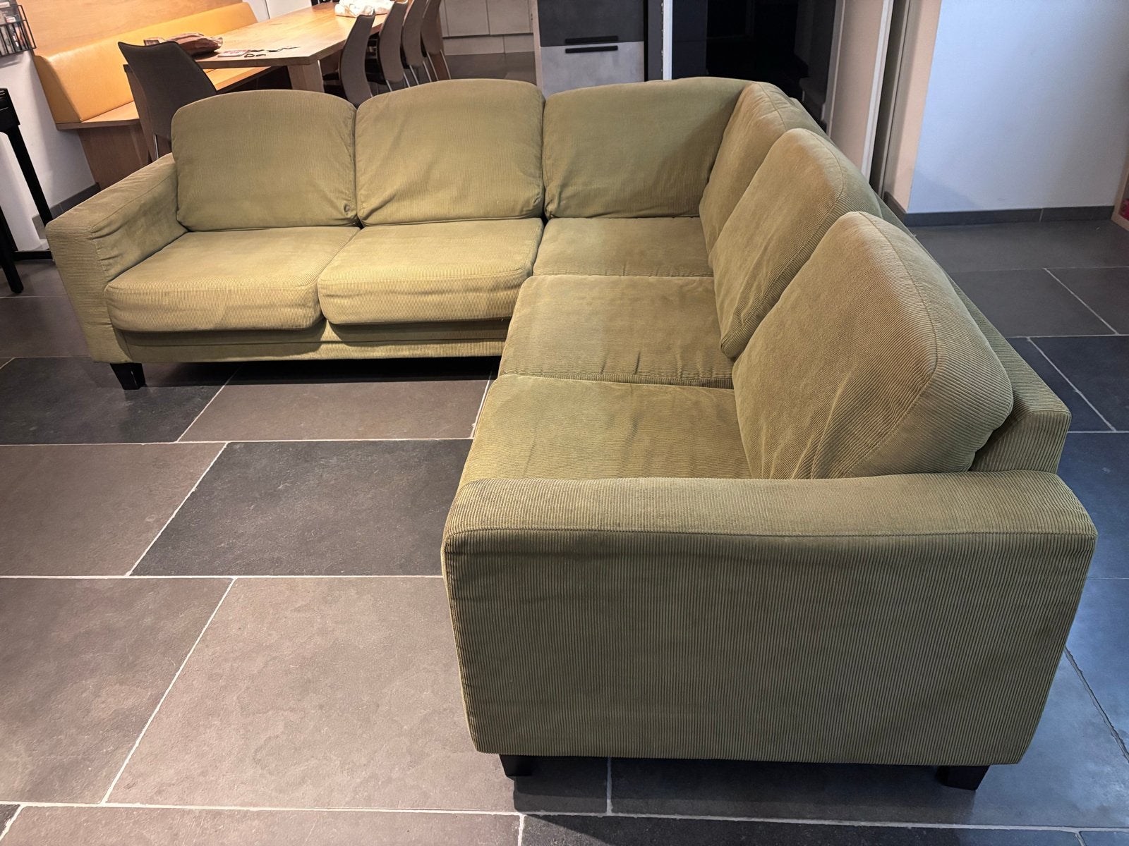Comfortabele hoekbank en fauteuil - Groen/Bruin ribstof, Ophalen, 250 tot 300 cm, Gebruikt, 100 tot 125 cm