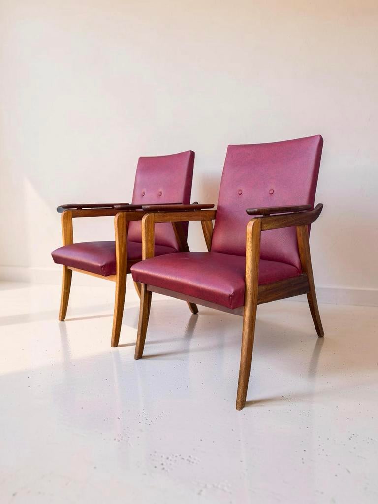 Set vintage design fauteuils – rood skai & teakhout, Ophalen, ., 75 tot 100 cm, Zo goed als nieuw