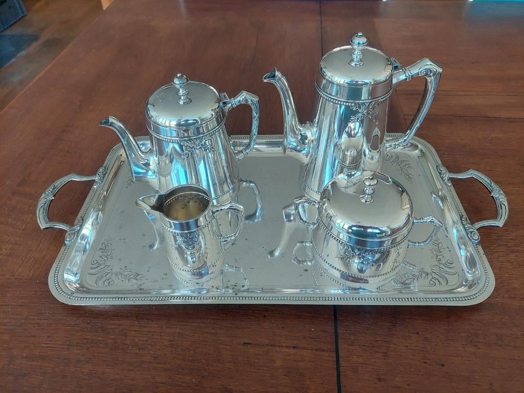 Antiek verzilverd koffie- en theeservies met dienblad, Antiek en Kunst, Antiek | Goud en Zilver, Ophalen, Zilver