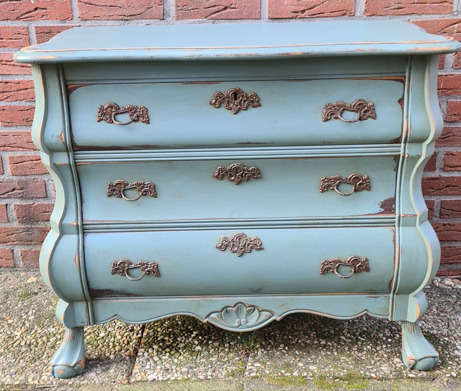 Brocante landelijk antiek buikkastje ladenkastje grijs blauw, Ophalen, 50 tot 100 cm, Zo goed als nieuw, 3 of 4 laden