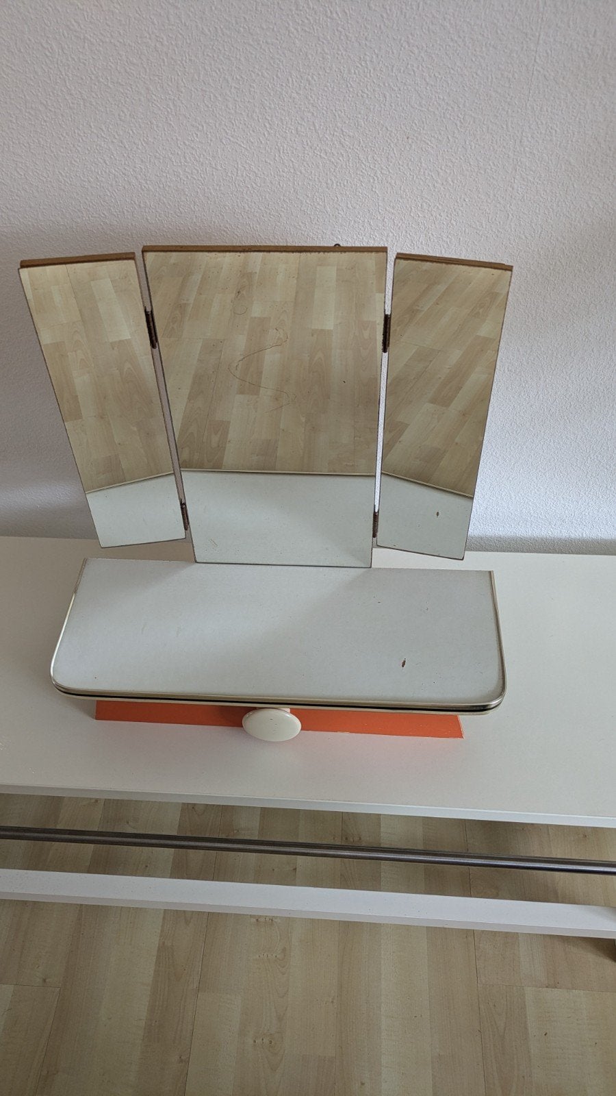 Vintage kaptafel met drieluik spiegel en lade, Antiek en Kunst, Ophalen, Minder dan 50 cm