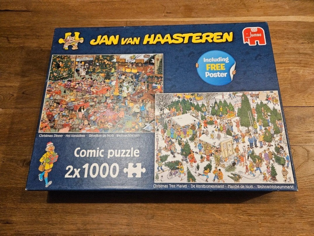 Jan van Haasteren Puzzel: Kerstbomenmarkt & Kerstdinner, Ophalen of Verzenden, 500 t/m 1500 stukjes, Zo goed als nieuw, Legpuzzel