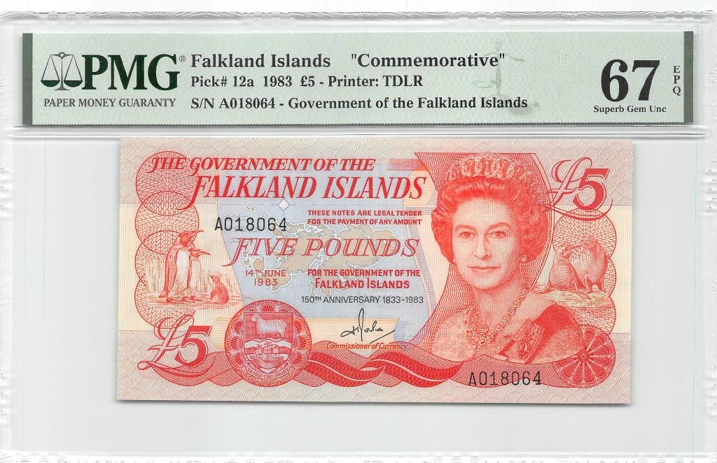 Falkland Islands 5 Pounds 1983 Unc PMG 67 EPQ, Ophalen of Verzenden, Zuid-Amerika, Los biljet