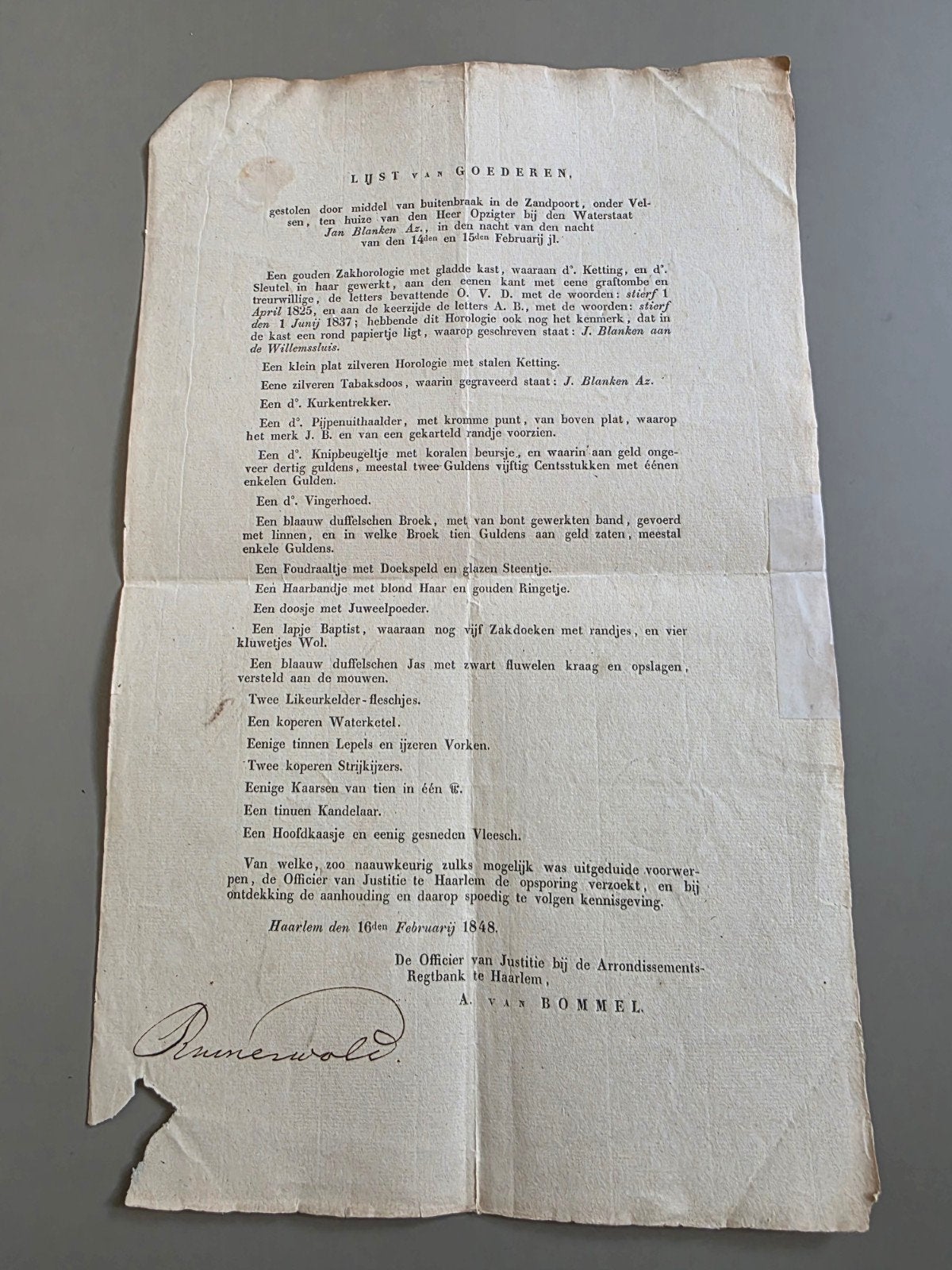 037) OPSPORING VERZOCHT REGTBANK HAARLEM 1848 LIJST GOEDEREN, Verzenden, Voor 1920, Overige typen
