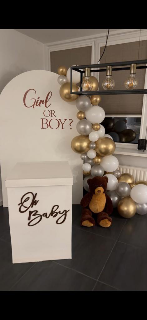 Gender reveal doos + achtergrond bord, Ophalen of Verzenden, Gebruikt, Versiering, Geboorte of Huwelijk