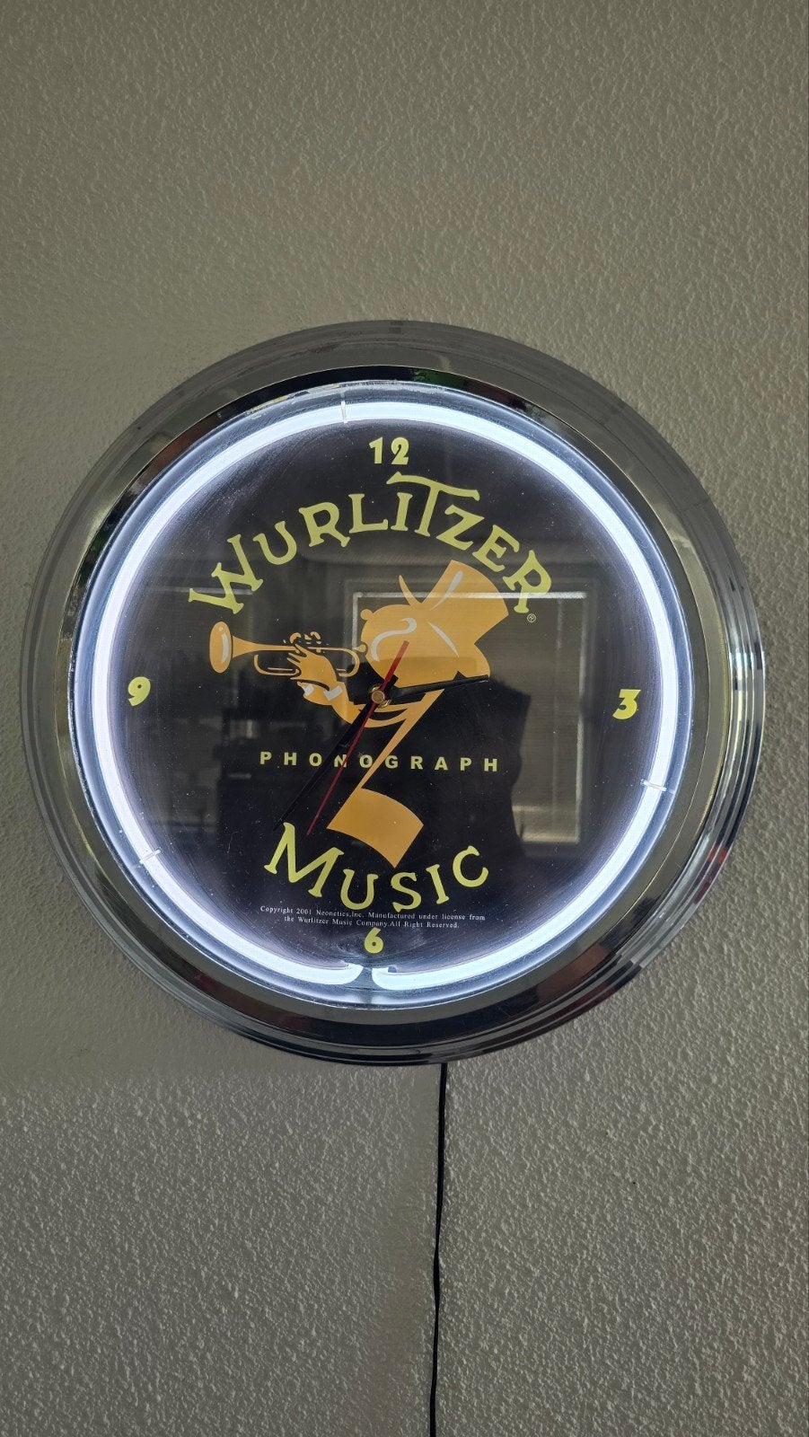 Wurlitzer neon wandklok – verlichting, Analoog, Ophalen of Verzenden, Retro, Wandklok