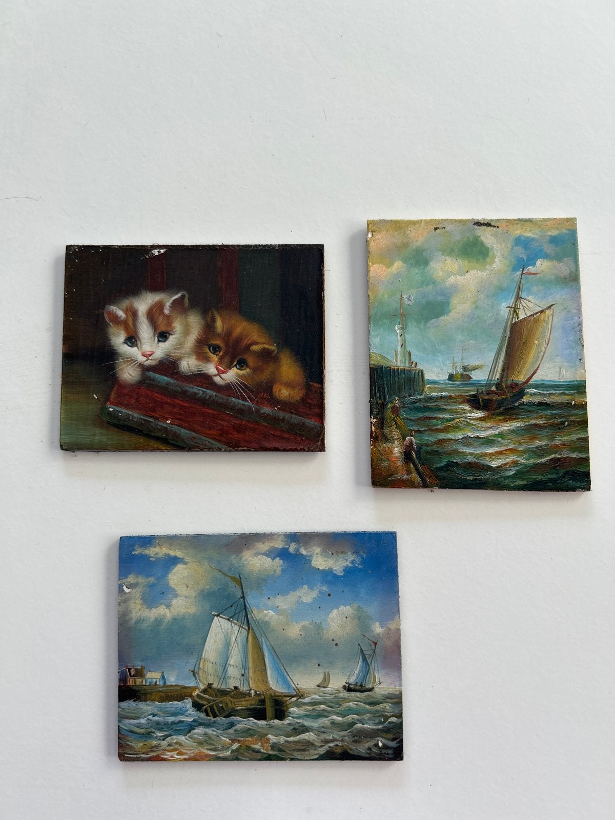 Set van 3 kleine schilderijen op houten paneel, Antiek en Kunst, Kunst | Schilderijen | Klassiek, Realistisch, Ophalen of Verzenden