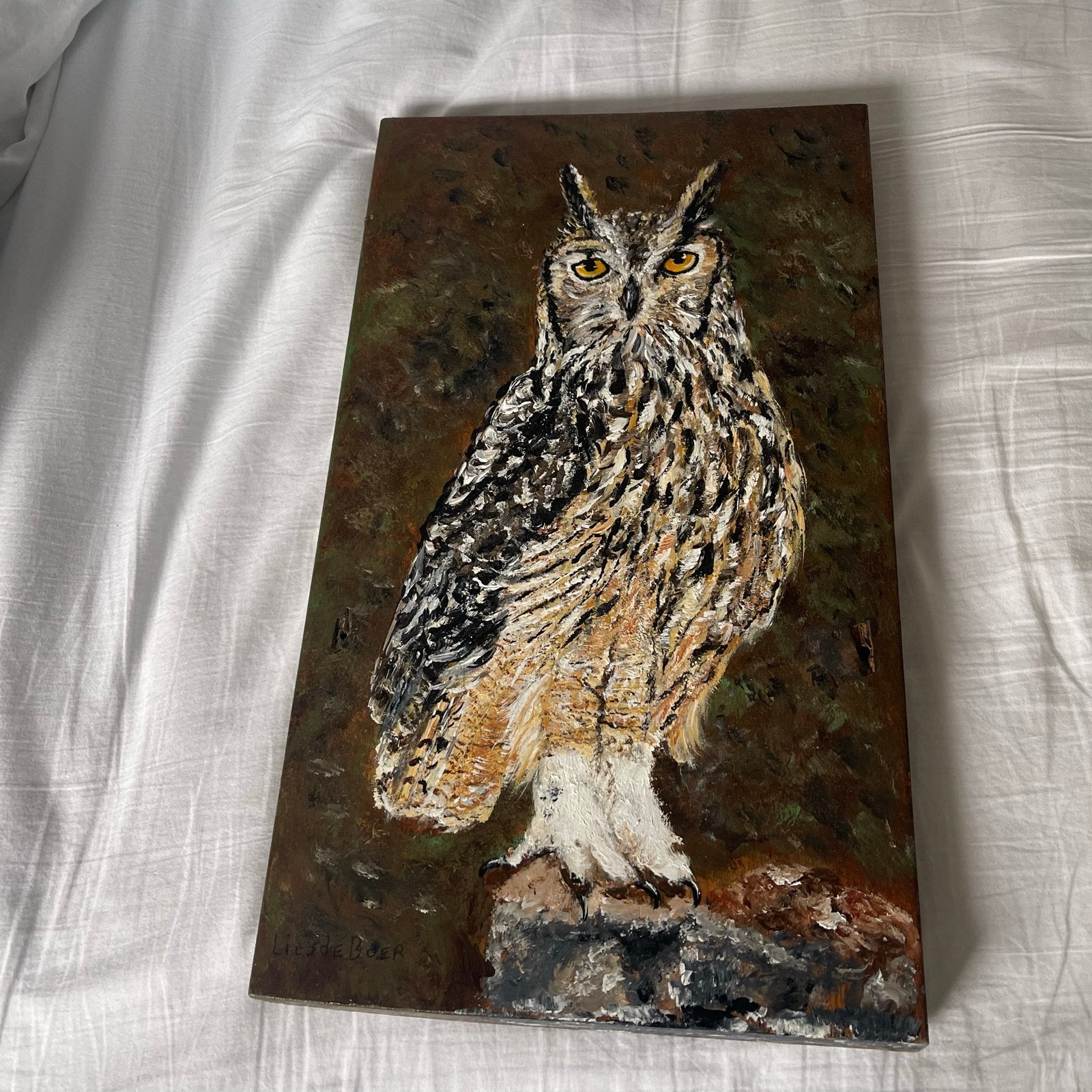 Olieverfschilderij Ransuil op een eiken plank, Realistisch, Overige ondergronden, Dieren, Ophalen of Verzenden