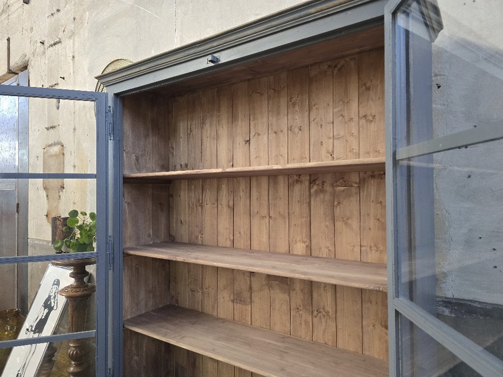 Vintage Houten Vitrinekast Blauw Grijs Grote Vitrine Kast 3, Gebruikt, Antiek Retro Vintage Brocante Landelijk, 200 cm of meer