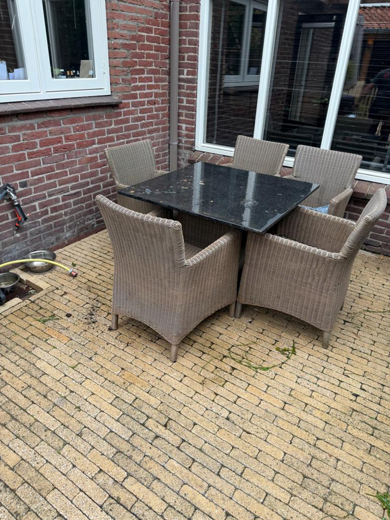 Tuinset met 6 stoelen en granieten tafel, Tuin en Terras, Ophalen, Gebruikt, Eettafel, 6 zitplaatsen