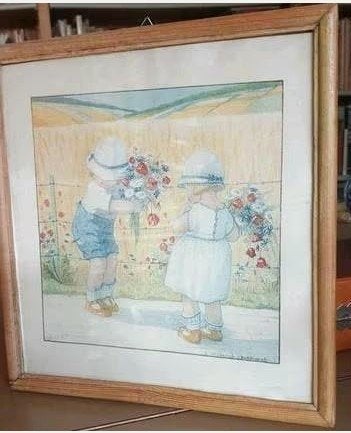 Vintage ingelijste print van Elizabeth Bokhorst kinderen Art, Minder dan 50 cm, Gebruikt, Ophalen of Verzenden, Schilderij