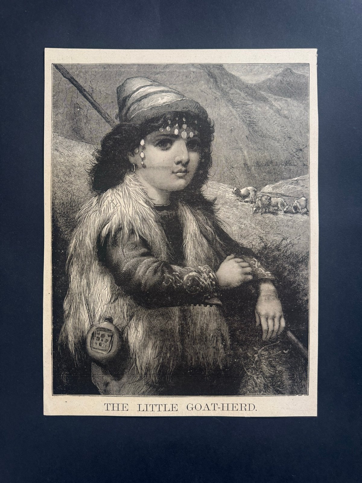 Antieke Gravure 'The Little Goat-Herd' - Victoriaanse Prent, Dagelijks leven, 1800 - 1899, Met tekst, Ophalen of Verzenden